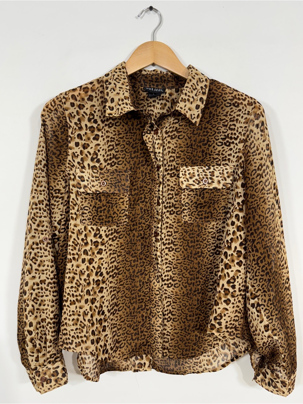 WSH100 {Wet Seal} Brown Black Animal Cheetah Leopard Print Button Down Shirt